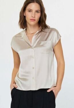 Maison d’Amélie Paris Satin Cap Sleeve Button Front Blouse Champagne NWT L